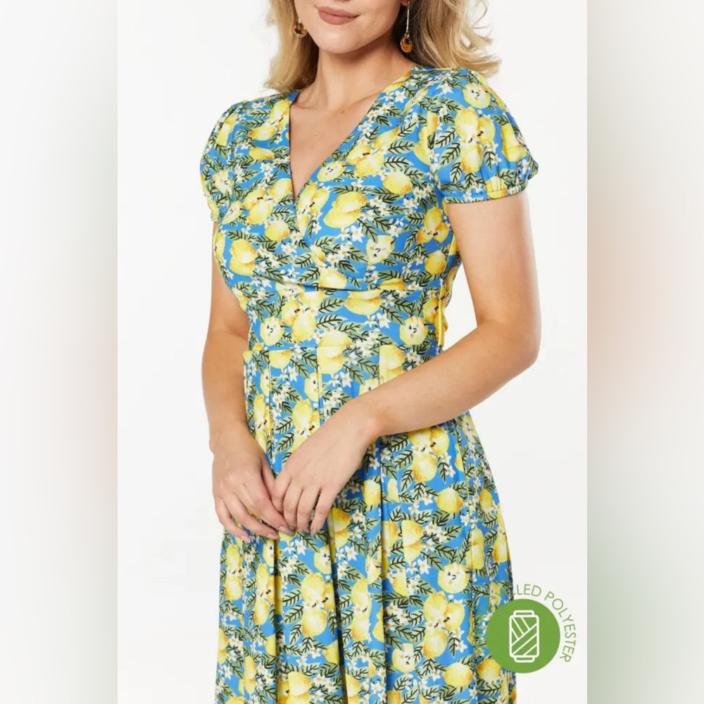 Timeless London Vintage Style Blue Lemon Print Puff Sleeve Midi Dress NWT